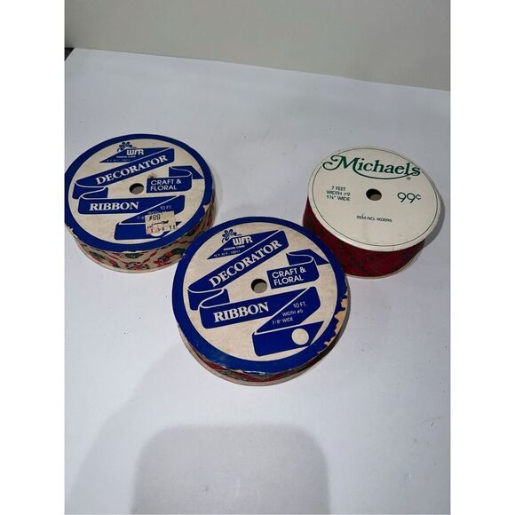 Christmas Fabric Ribbon Set of 3-DECORATOR-Gift Tie Bows USA-Rolly Look Unused - Picture 2 of 5